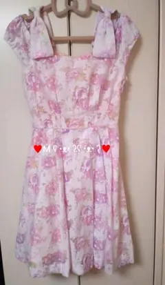 PRIME PATTERN 肩リボン 花柄オフショルワンピース シアー ピンク