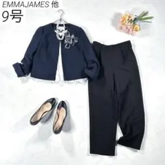 EMMAJAMES 他　パンツスーツ　フォーマル　ノーカラー　ツイード　紺黒　M