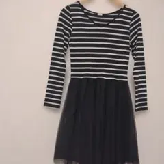 GU ストライプ Vネック 長袖 ひざ丈ワンピース M