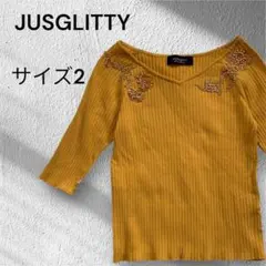 ジャスグリッティー Vネックニット ５部袖 ビーズ リブ編み マスタード M