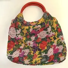 ビーズ刺繍 フラワーデザイン ハンドバッグ レッドサテン持ち手