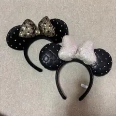 ディズニー　ミニーカチューシャ　スパンコール　キルティング　パール　ベロア