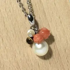 本真珠パール・バラサンゴ・タイガーアイ・貝ビーズのネックレス　40cm