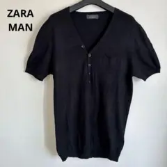 ZARA MAN ヘンリーネック 半袖ニット ブラックメンズLサイズのサムネイル