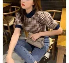 千鳥格子柄パフスリーブニットトップス[mb1393]