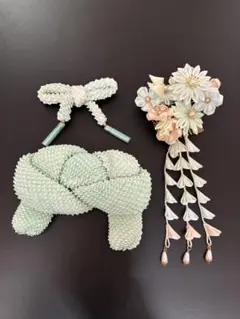 ミントグリーン 髪飾り 和装小物　七五三　成人式　卒業式　3点セット