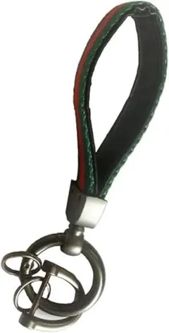 車のキーホルダー、編みこみと革、キーリング