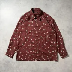 ヴィンテージ 総柄シャツ レトロ 幾何学 スクエア柄 派手 ボルドー 長袖 古着