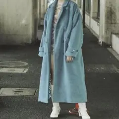 青 フリース ロングコート ダブルブレストのサムネイル
