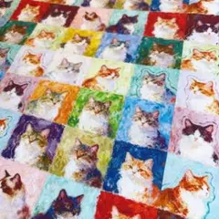 1㍍長　癒し油絵風猫ちゃん柄の綿シーチングプリント生地ハギレ布