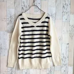 エニィスィス　レディースニットウール混　Ｖネック　ボーダー