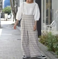ダブルクローゼット リネン混チェック柄サス付きパンツのサムネイル