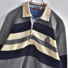 80〜90s 日本製 襟コーディロイ切替 パネルボーダー ニット ポロシャツ
