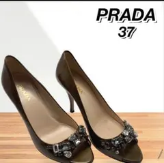 PRADA プラダ パンプス 37 ブラウン エナメル ビジュー オープントゥのサムネイル