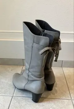 グレー 本革 ミドルブーツ 24.5cm 3E リボン