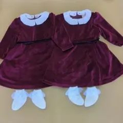 双子　プチマイン　お出かけ用ワンピース　ベロア風　レース靴下　美品