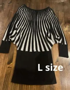ブラック×グレー ストライプ ニット　ドルマンスリーブ　Lサイズ