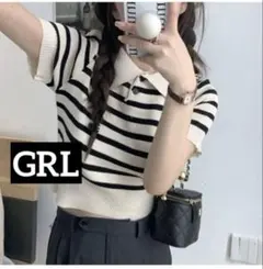 1202 GRL ボーダー柄ポロニットトップス