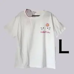 [新品]キティTシャツLカオハナ白ピンク◆ドンキ限定ルームウェア50周年パイル