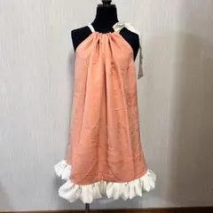 ハンドメイド　フリルキャミソール　ワンピース　チュニック　オレンジ✖️キナリ　正絹