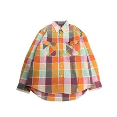 チェック柄シャツ　長袖　コットン　オレンジ系　L 古着　8B1