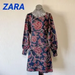 ZARA 新品タグ付き 花 植物柄 ネイビーxエンジ ワンピース