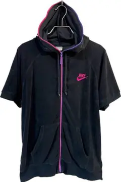 NIKE ブークレ生地 半袖ジップパーカー XL 黒 ピンク 紫のサムネイル