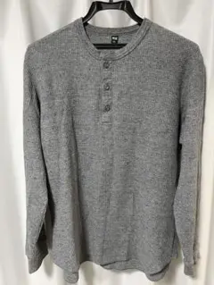 UNIQLO ワッフルヘンリーネック 長袖カットソー グレー 【L】