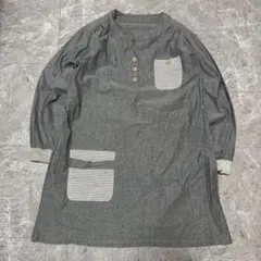 グレー 長袖 シャツ ワンピース Mサイズ ストライプポケット付き g41
