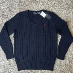 【新品タグ付】ラルフローレン ケーブルニット ネイビー レディースS Vネック