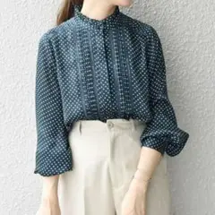 【美品】SHIPS ドット ソリッドフリルピンタックレースブラウス ダークブルー
