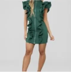 美品☆FASHION NOVAフリルジップアップワンピース S グリーン