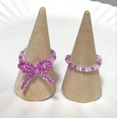 ピンクリボンのビーズリング　指輪　ハンドメイド　2個セット