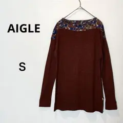 【美品】 エーグル 長袖 カットソー レディース S 花柄 Tシャツ ボルドー