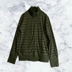 SHIPSダークグリーンハイネックフルジップブルゾンジャケットボーダー総柄800