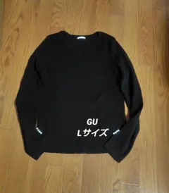 GU リブ編みニット 袖パールボタン飾り付き L ブラック