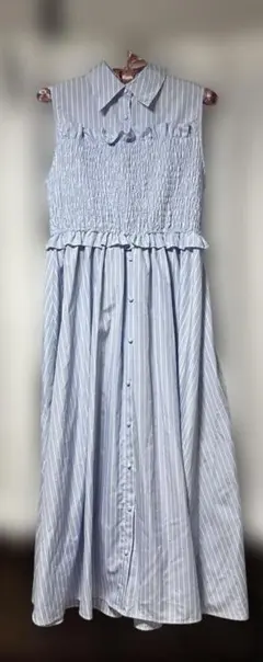 ギャザービスチェ ノースリーブシャツワンピース ブルーストライプ Lサイズ