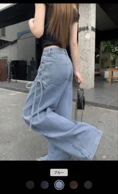 SHEIN サイドレースアップ ワイドデニムパンツ ライトブルーL リボン