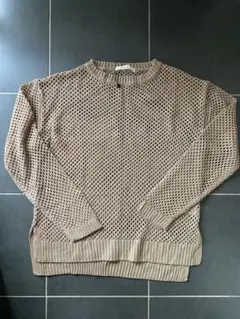 ベージュ メッシュニット 長袖トップス