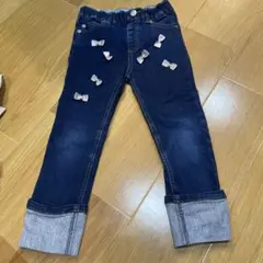 リボン装飾ダークブルーデニムパンツ　プティマイン