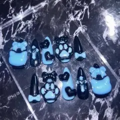 ネイルチップ サブカル 地雷 量産型 Y2K ギャル 水色 黒 リボン ハート