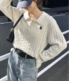 U.S.POLO ASSN. 刺繍長袖ケーブルポロニット Lサイズ