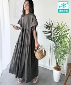 春 夏 大活躍！布帛ドッキング袖フリルティアードワンピース ロング丈　Mサイズ