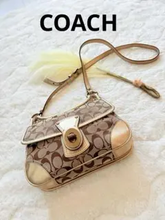 Coach コーチシグネチャーショルダーバッグ ターンロック ブラウン×ゴールド