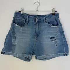 シグネチャー ダメージ デニムショートパンツ ロールアップ裾 10 青 綿 夏のサムネイル
