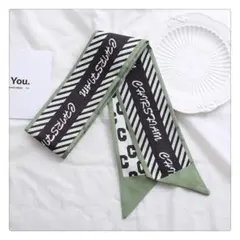 リボンスカーフ バッグスカーフ　スカーフ　英字　グリーン　モノトーン　白　黒