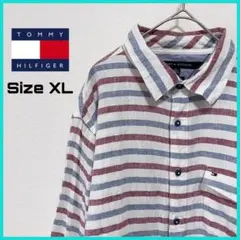 トミーヒルフィガー 長袖シャツ ボーダー 刺繍ロゴ 古着 XL 白赤青A25