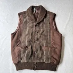 vintage ニットベスト スウェード ショールカラー ブラウン レトロ古着