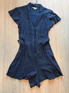 ネイビー白ドット半袖ミニパンツワンピース M