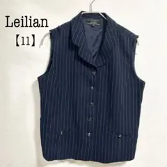 【美品】Leilian ストライプ ベスト テーラード 襟付き ジレ ネイビー